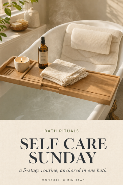 Self-Care Sunday cover — bath tray bridging clawfoot tub with cream bath pillow, lit candle, amber body oil, folded linen towel; editorial 2:3 with BATH RITUALS · SELF CARE SUNDAY · a 5-stage routine, anchored in one bath · MONSURI 8 MIN READ