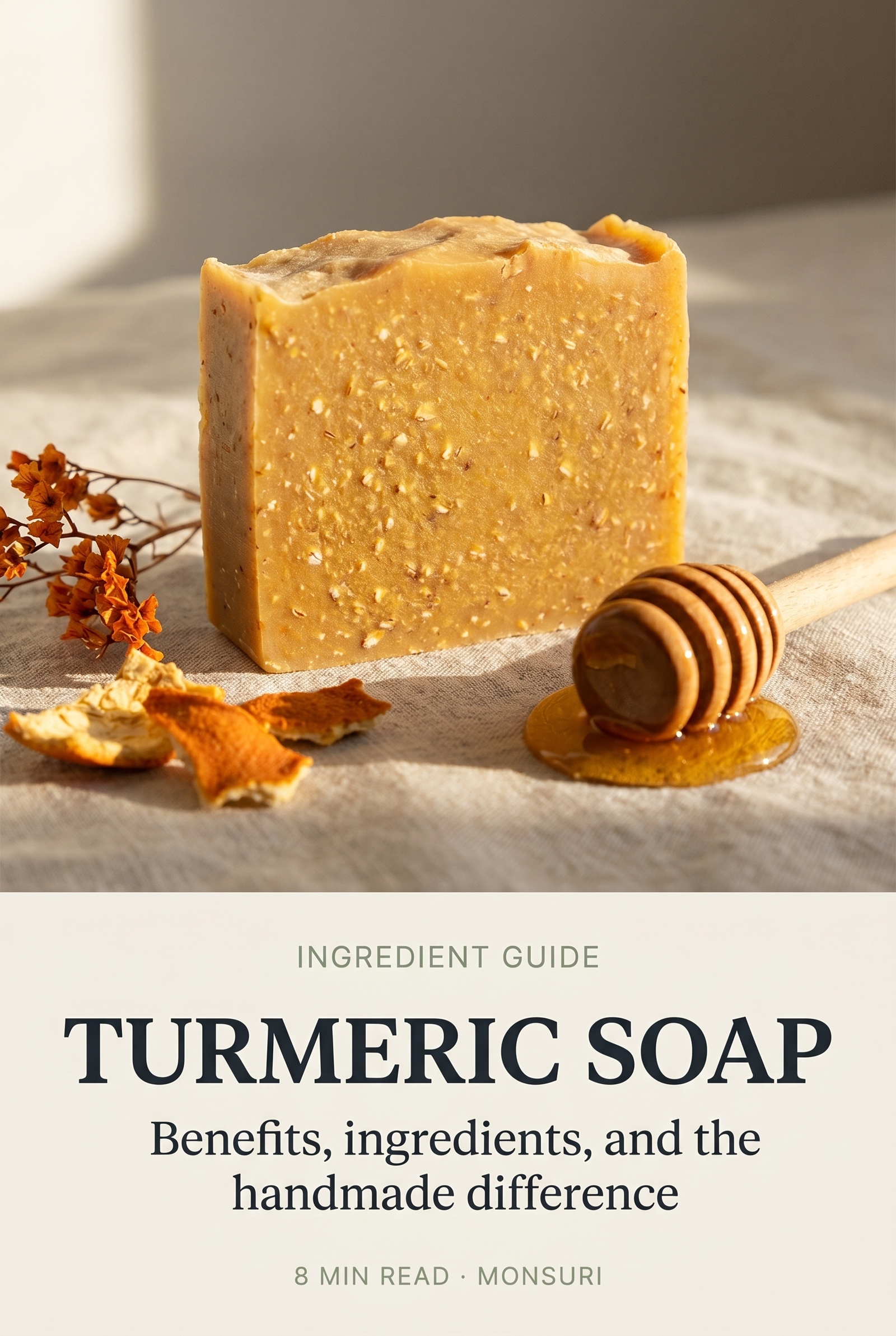 Turmeric Soap: Benefits, Ingredients, and the Handmade Difference — Monsuri handmade Turmeric Honey & Orange Soap bar with dried orange peel, raw honey drizzle, and ground oatmeal flecks visible. An ingredient-guide editorial cover from Monsuri.