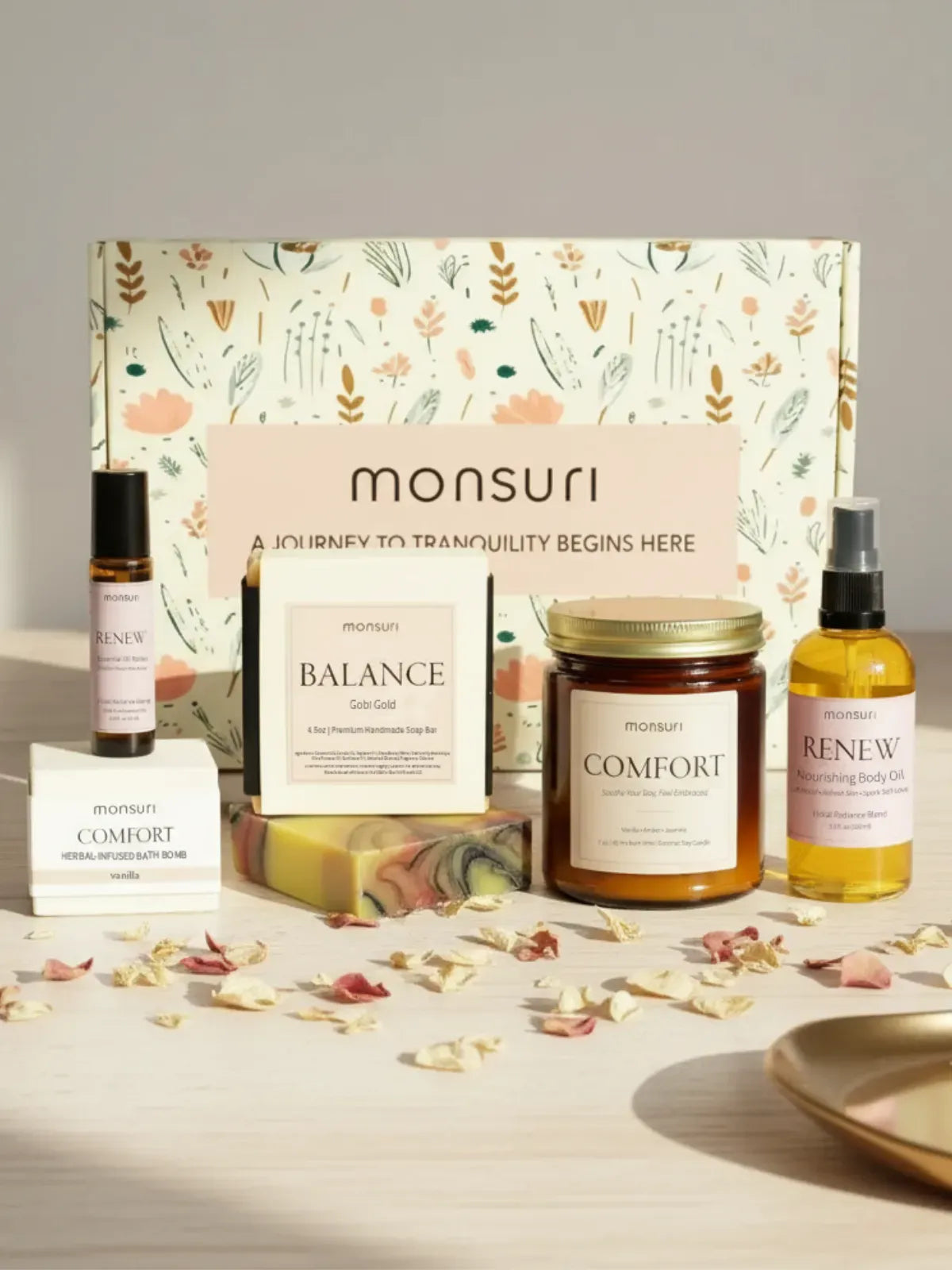 Birthday Gifts for Women Self Care - Vanilla Candle, Rose Essential Oil Roller, Soap Bar, Vanilla Amber Candle and Rose Massage Oil