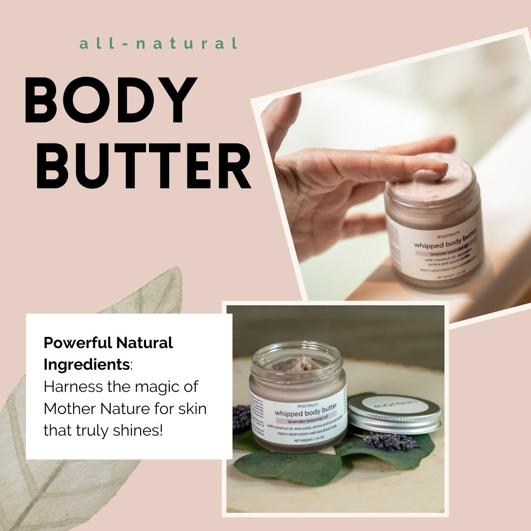 Ingredients used in Monsuri Lavender Body Butter, including lavender flowers, coconut oil, and cocoa butter, displayed naturally.