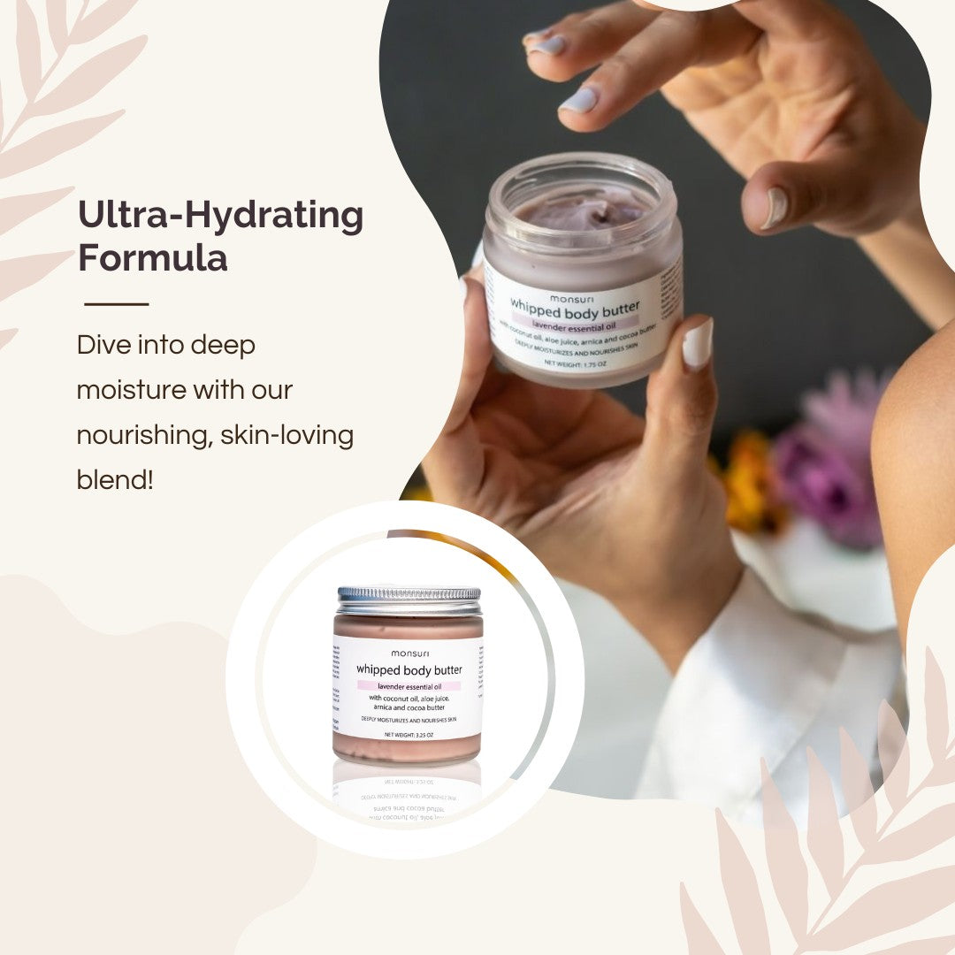 Hand applying Monsuri Lavender Body Butter, showing the product's smooth application and skin hydration effects.