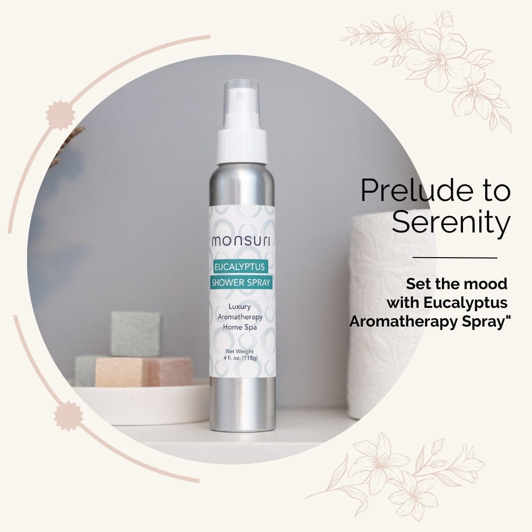 Woman spraying Monsuri Eucalyptus Aromatherapy Spray for a calming pre-bath atmosphere