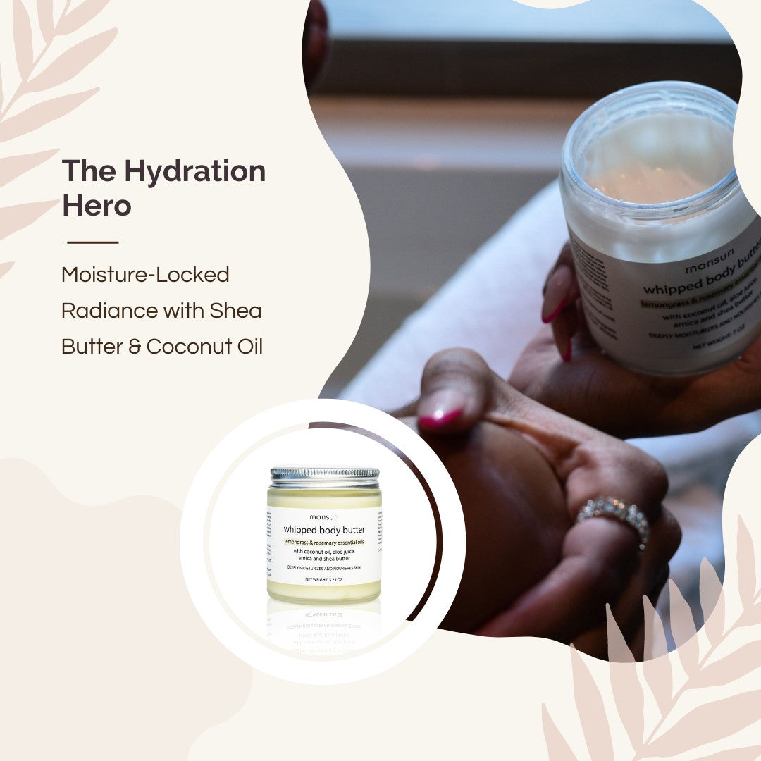 Infographic highlighting the deep hydration benefits of Monsuri's Lemongrass Rosemary Body Butter.