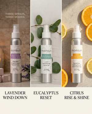 Three-panel image of the Monsuri aromatherapy shower spray gift set: lavender wind-down, eucalyptus reset, and citrus rise and shine.