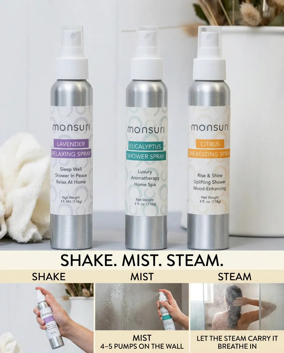 Shake, mist, steam - how to use a Monsuri shower spray: shake the bottle, mist four to five pumps on the shower wall, then let the steam carry it and breathe in
