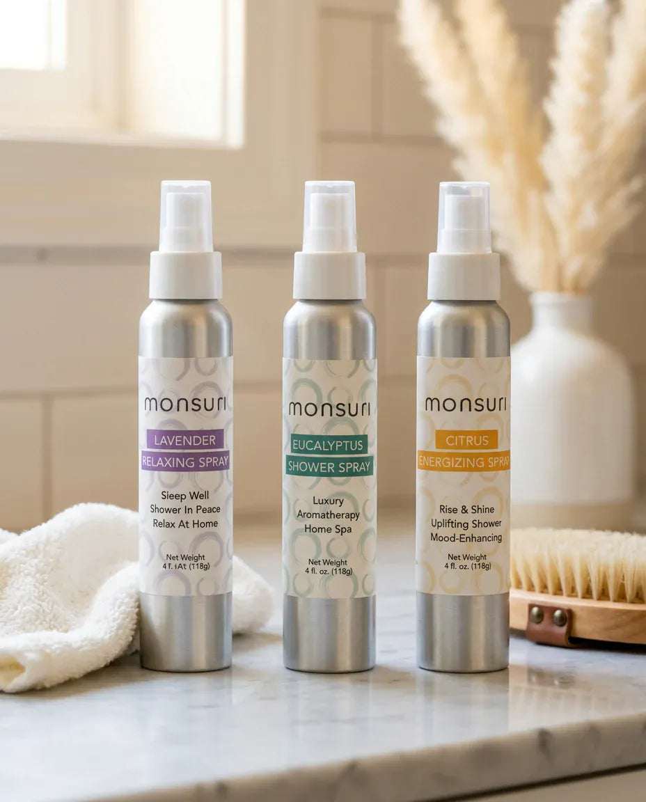 The three Monsuri shower sprays standing on a marble bathroom counter beside a folded towel and a dry brush, showing the size of the 4 oz bottles in a real bathroom