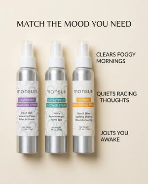 Match the mood you need - the three 4 oz Monsuri shower sprays with what each one is for: clears foggy mornings, quiets racing thoughts, jolts you awake
