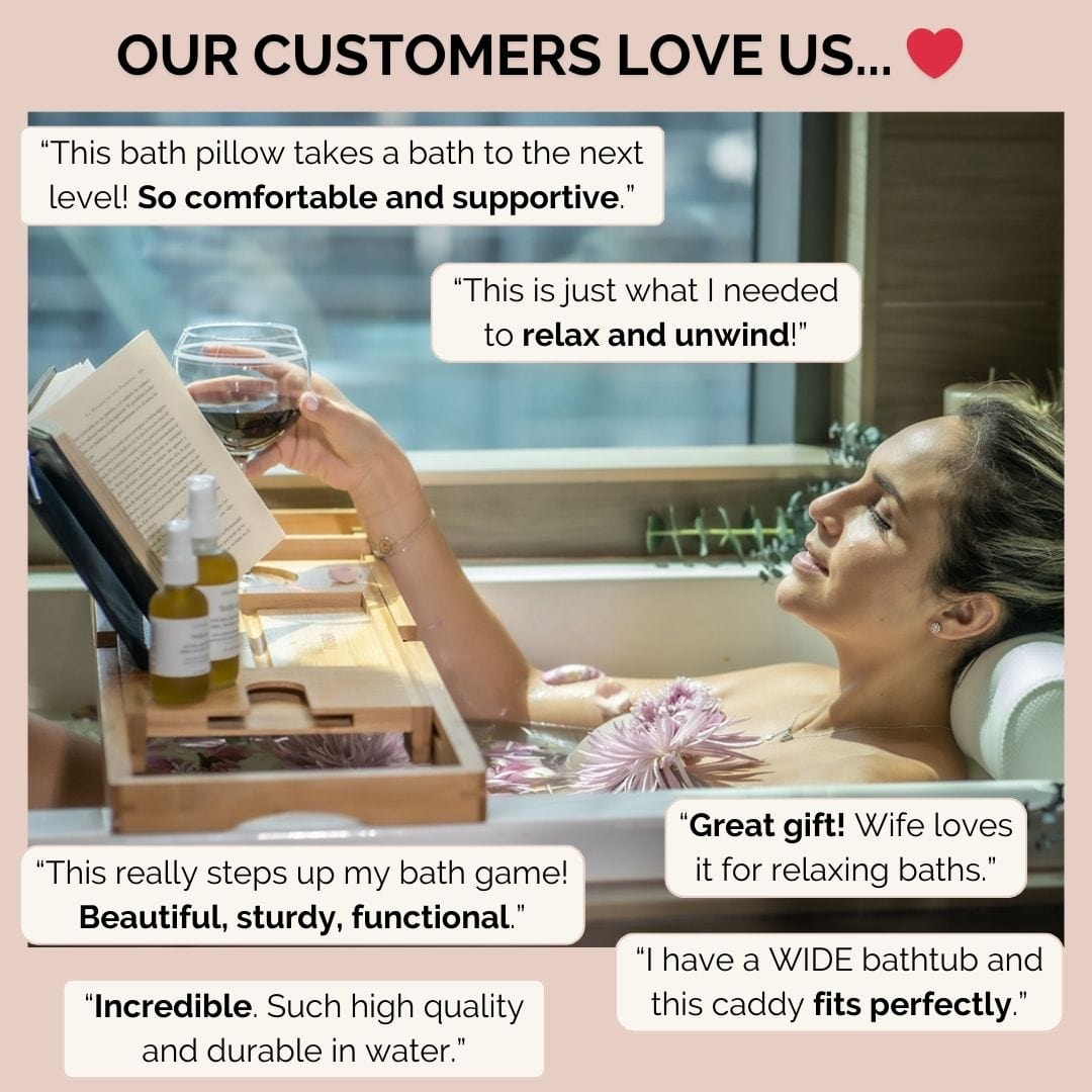 Luxurious Bamboo Bathtub Tray - 5* Star Positive Reviews on Monsuri's Bath Caddy.