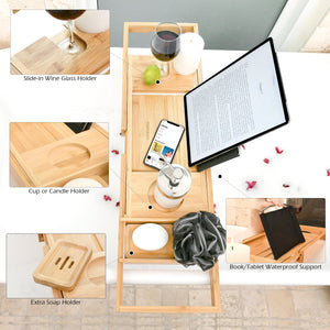 Expandable bamboo bath trays for tub with a book stand, wine glass slot and a bath accessories tray