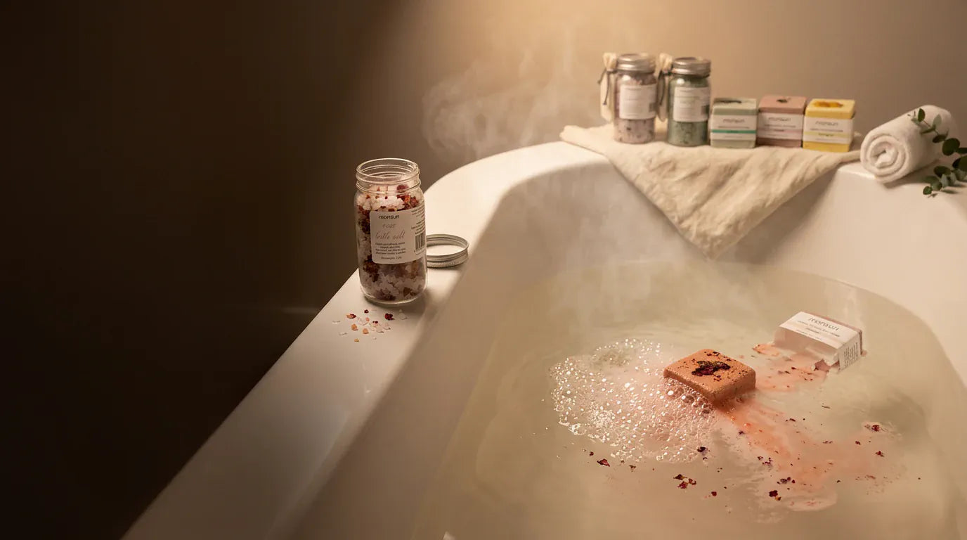 Seen from the doorway: a bath drawn and steaming, a rose bath bomb fizzing and colouring the water, an open jar of rose herbal bath salts on the rim, and the rest of the set waiting on a folded towel behind.