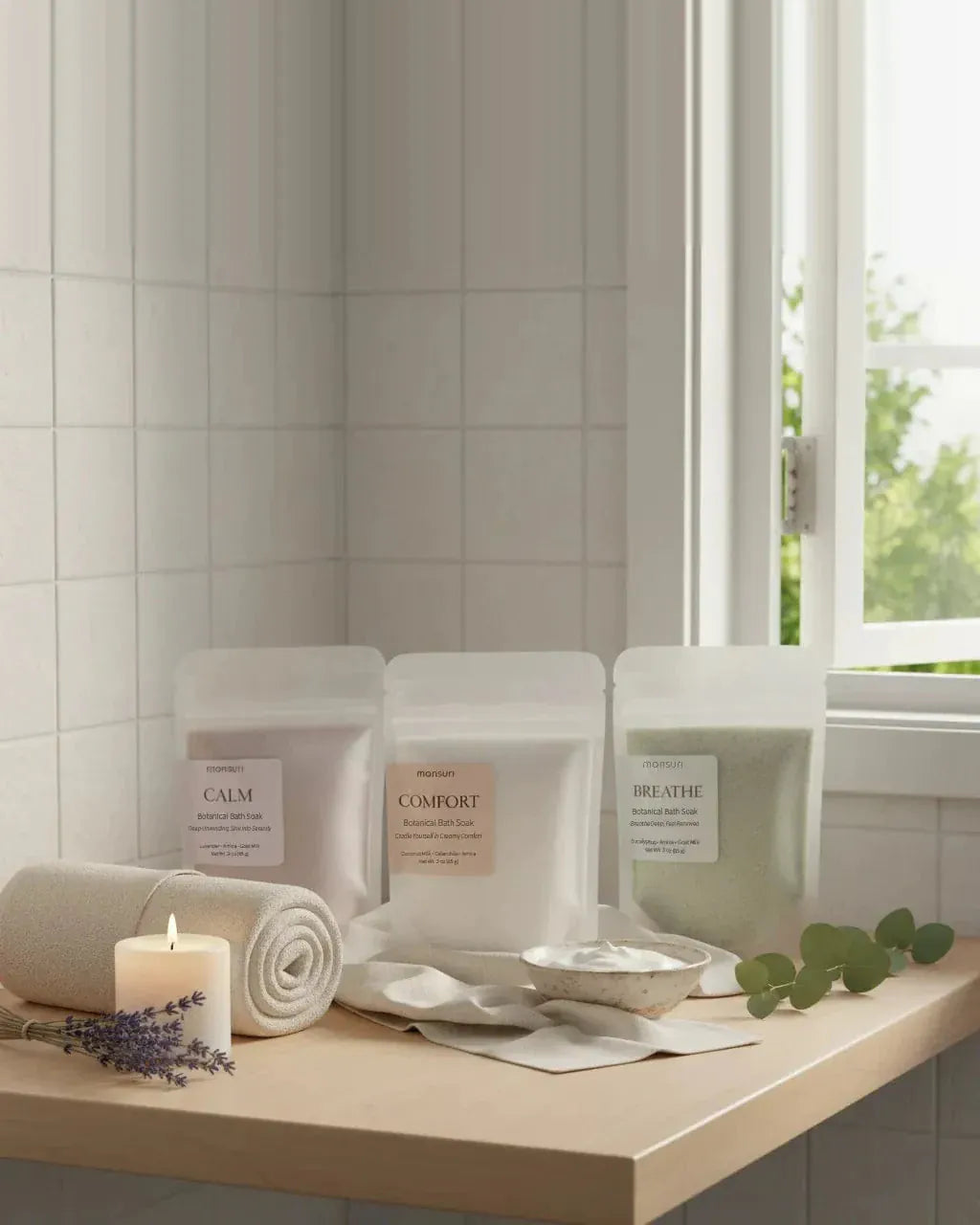 The three 3 oz bath soak pouches on a bathroom counter with a rolled towel, a lit candle, a small dish of soak and a sprig of eucalyptus.