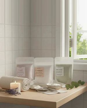 The three 3 oz bath soak pouches on a bathroom counter with a rolled towel, a lit candle, a small dish of soak and a sprig of eucalyptus.