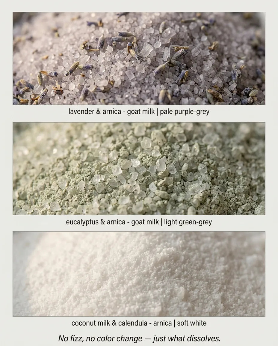 Macro detail of the three soaks: lavender and arnica with goat milk in pale purple-grey, eucalyptus and arnica with goat milk in light green-grey, and coconut milk and calendula with arnica in soft white — no fizz, no colour change, just what dissolves.