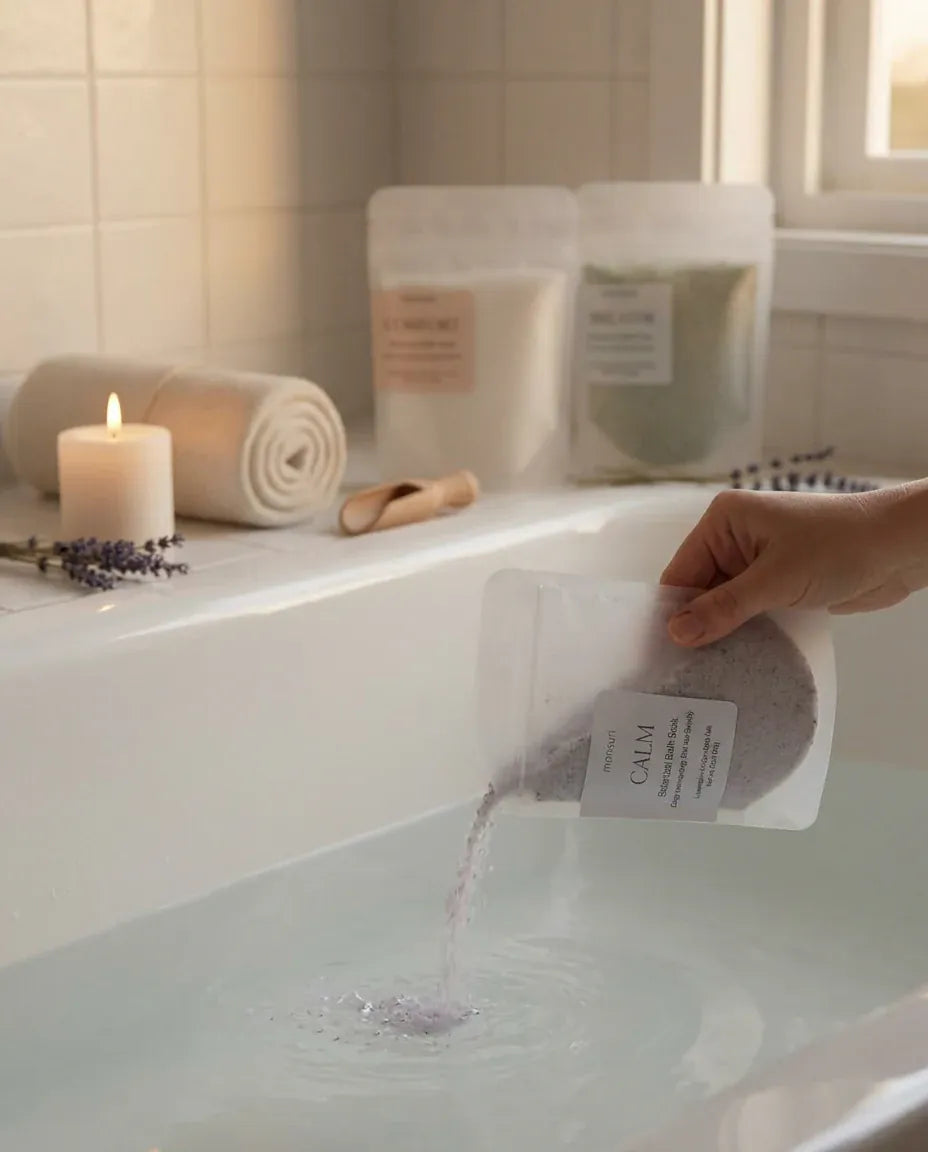 Pouring the CALM lavender bath soak straight from its pouch into a drawn bath, with a lit candle, a rolled towel and the COMFORT and BREATHE pouches on the surround behind.