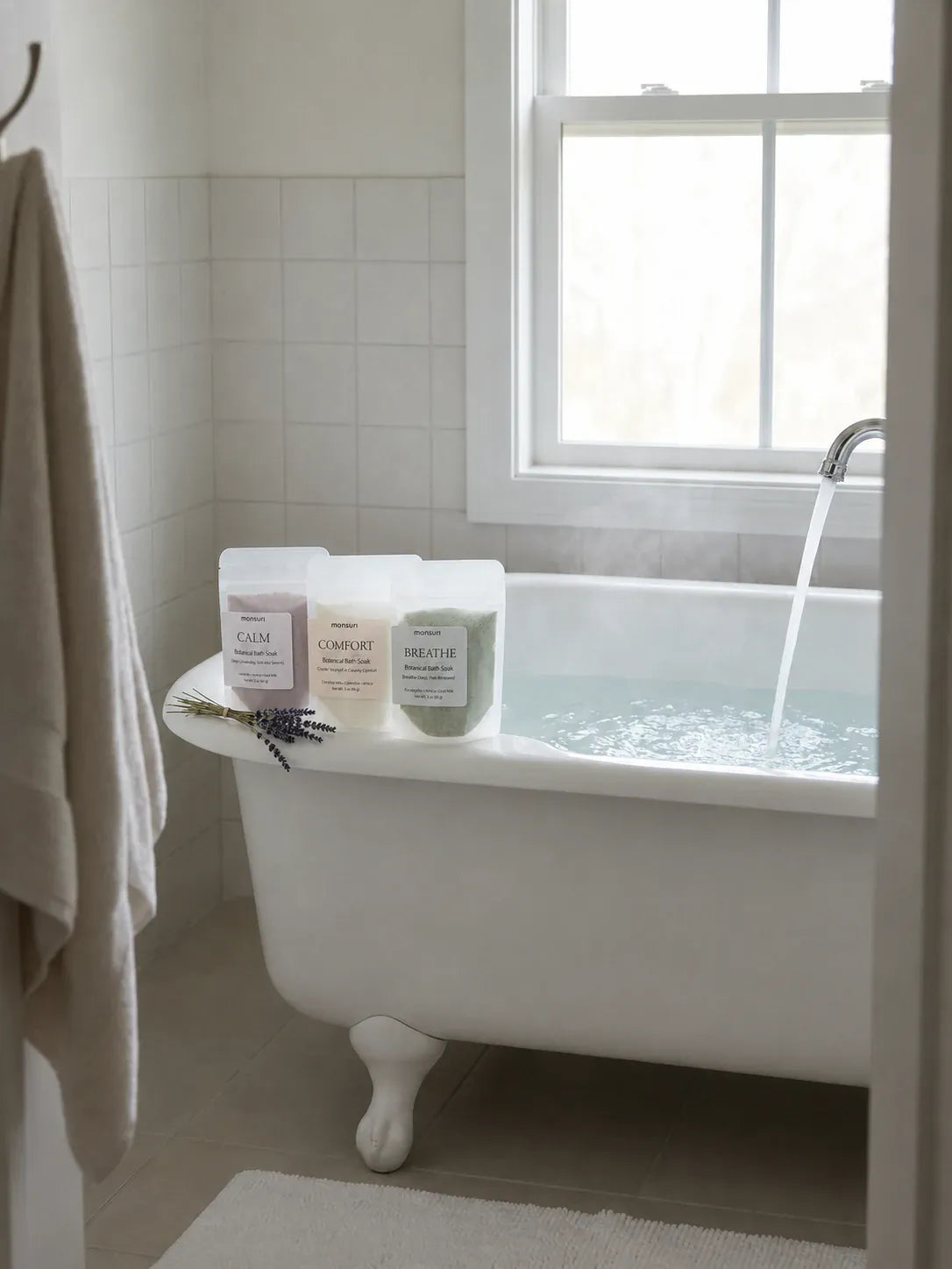 The three bath soaks lined up on the rim of a clawfoot tub as it fills, with a linen towel on the hook and a sprig of dried lavender on the edge.