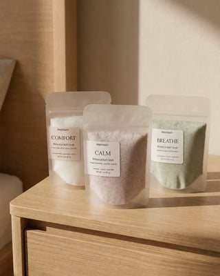 Three Monsuri botanical bath soaks on a light oak nightstand: COMFORT coconut milk, CALM lavender and BREATHE eucalyptus, each a 3 oz pouch of mineral soak that dissolves without fizz