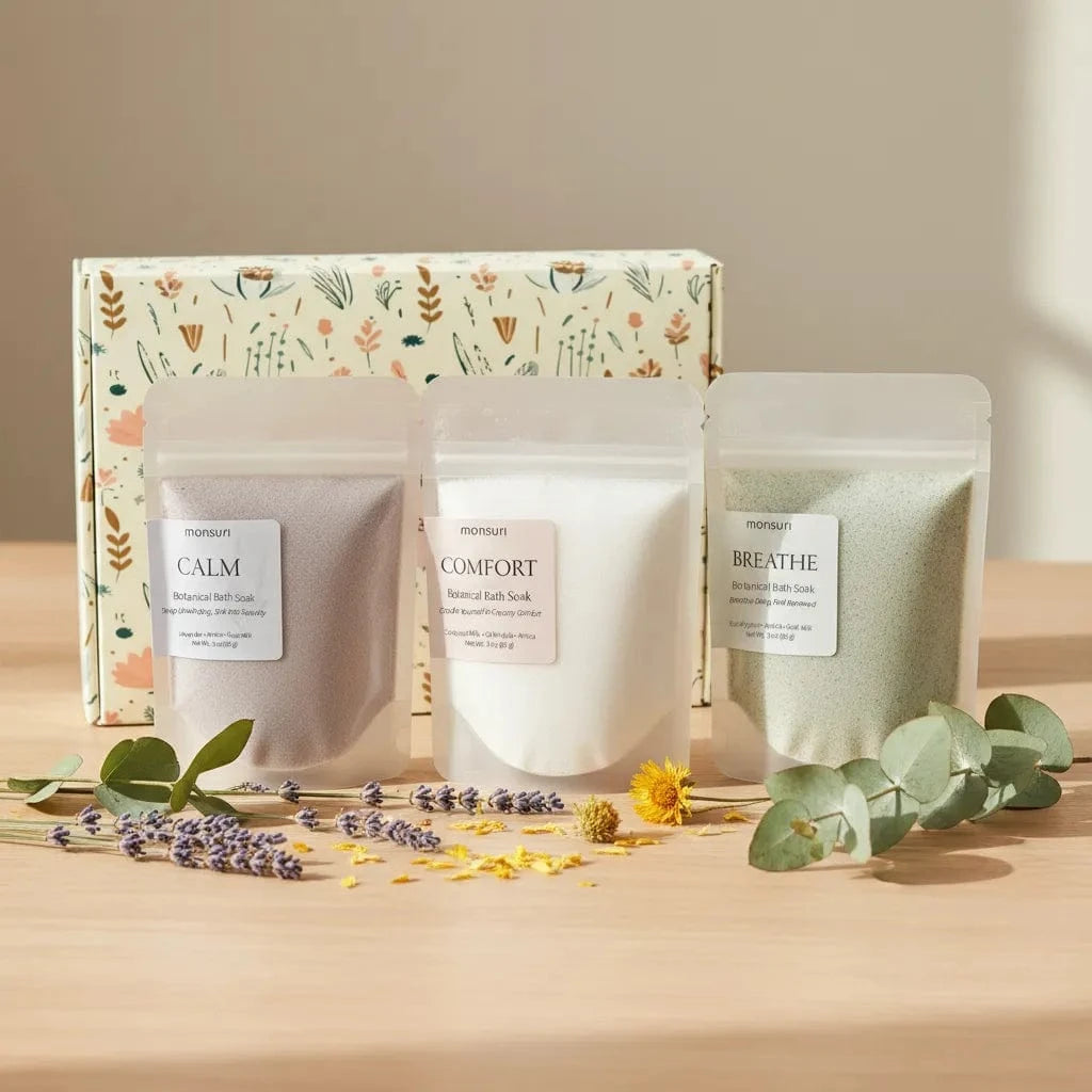 Three aromatherapy bath soak pouches lavender eucalyptus coconut gift set with house-infused botanical oils