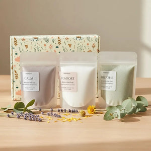 Three aromatherapy bath soak pouches lavender eucalyptus coconut gift set with house-infused botanical oils