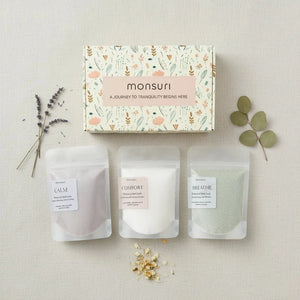 Gift ready bath soak collection in botanical packaging with kraft shred - made in USA aromatherapy gift