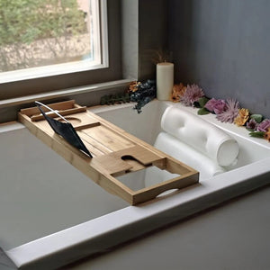 Bath oasis with Monsuri's premium pillow and tray, setting the relaxation mood.