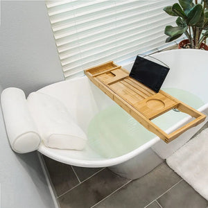 Comfortable bath pillow and Durable and stylish Monsuri bath caddy tray, designed for modern bathrooms.