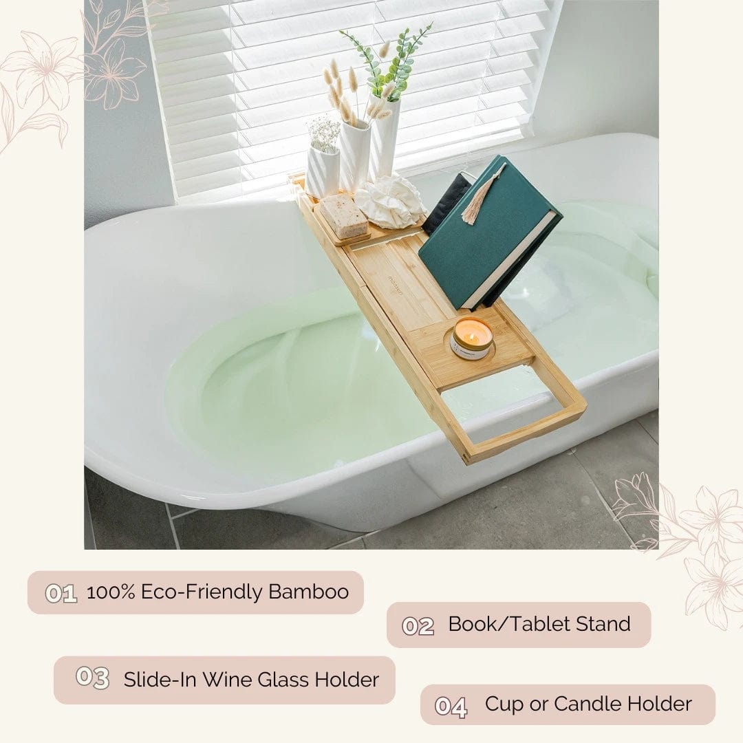 Monsuri bath tray with compartments, perfect for spa-like bath experience.