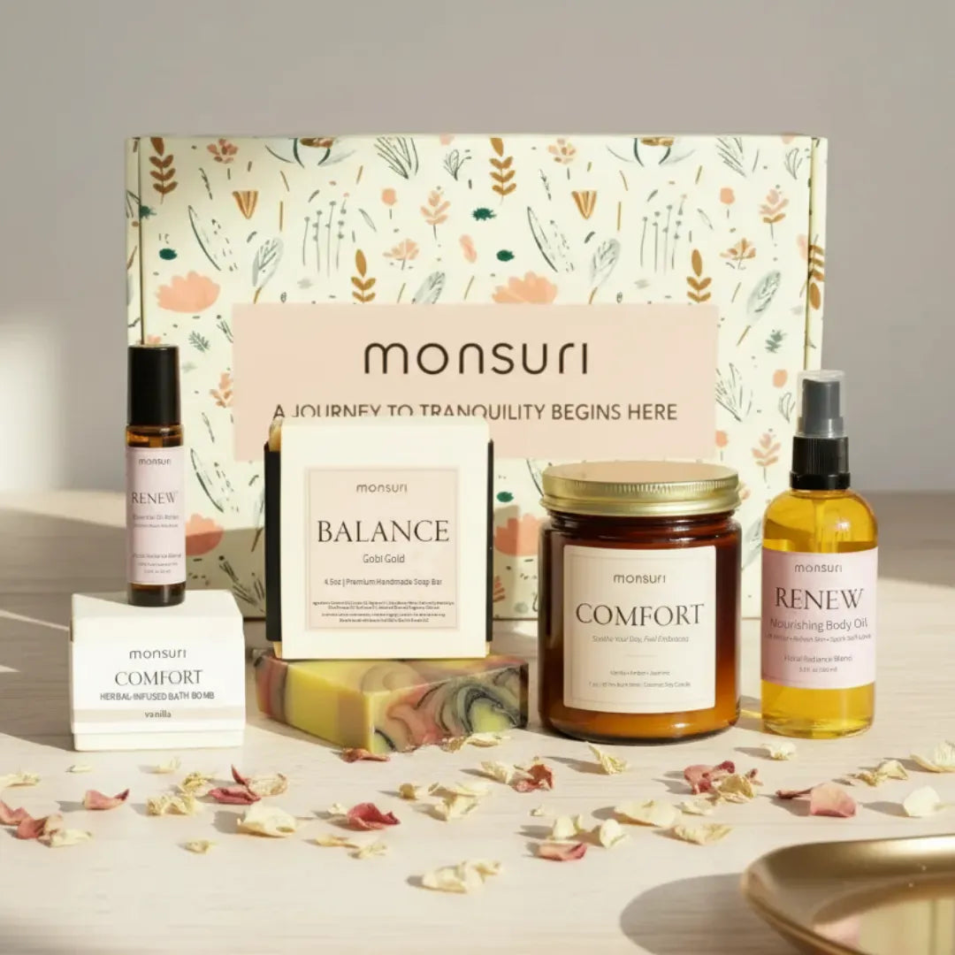 Birthday Gifts for Women Self Care - Vanilla Candle, Rose Essential Oil Roller, Soap Bar, Vanilla Amber Candle and Rose Massage Oil