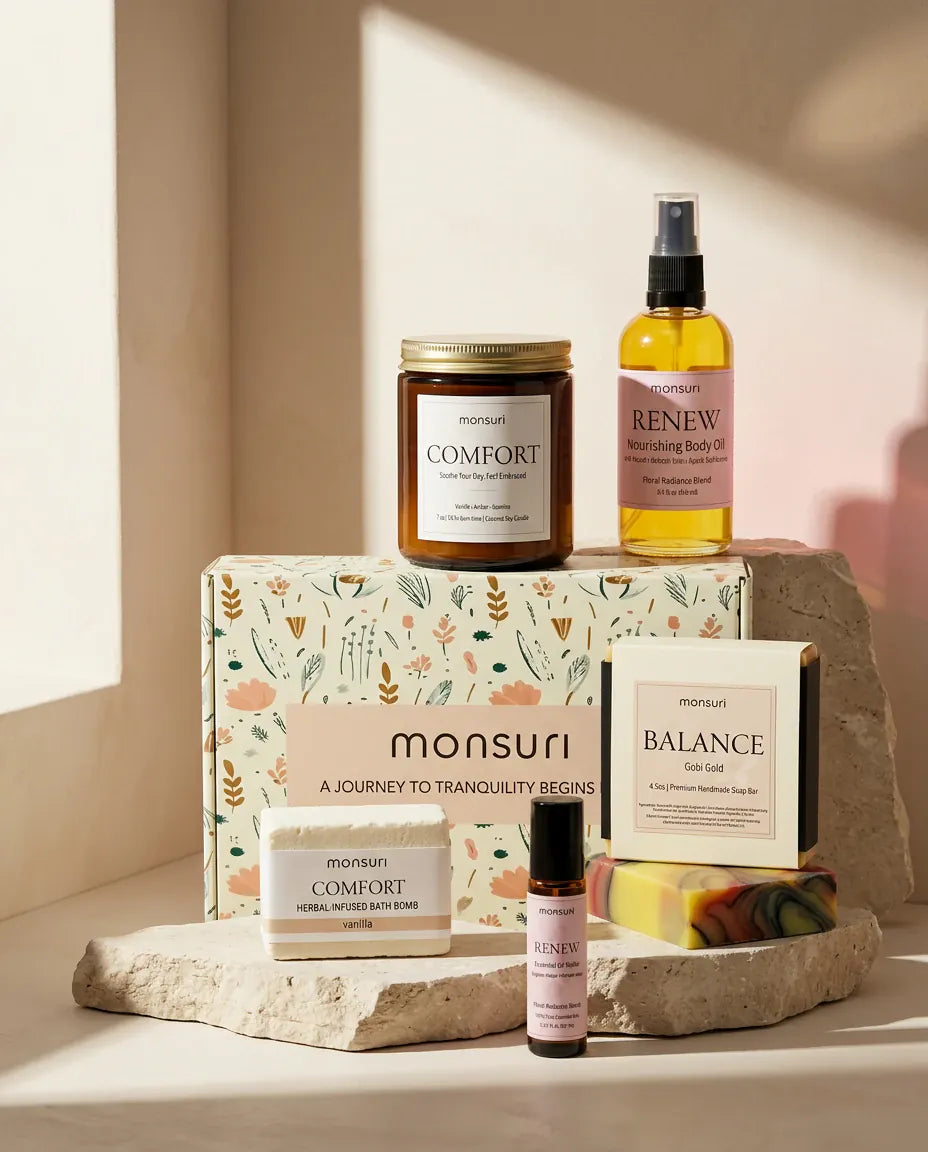 The five Birthday Bliss pieces arranged on travertine plinths in bright daylight with the botanical gift box behind