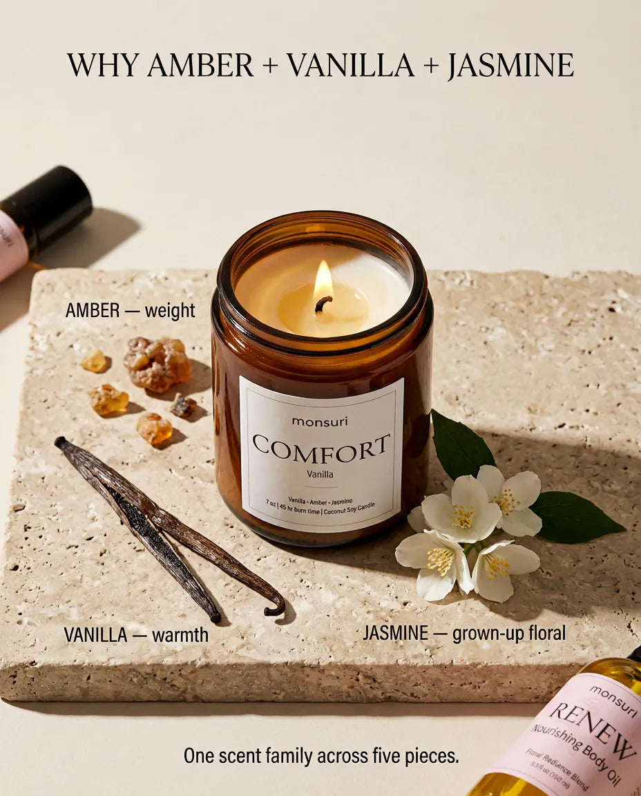 Why amber, vanilla and jasmine - amber for weight, vanilla for warmth and jasmine as a grown-up floral, one scent family across all five pieces