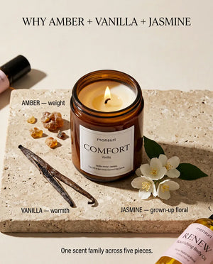 Why amber, vanilla and jasmine - amber for weight, vanilla for warmth and jasmine as a grown-up floral, one scent family across all five pieces