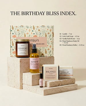 The Birthday Bliss index - 01 candle 7 oz, 02 Gobi Gold soap 4.5 oz, 03 vanilla bath bomb 4 oz, 04 Floral Radiance body oil 3.3 oz, 05 Floral Radiance roller 0.33 oz, arranged on travertine with the botanical gift box
