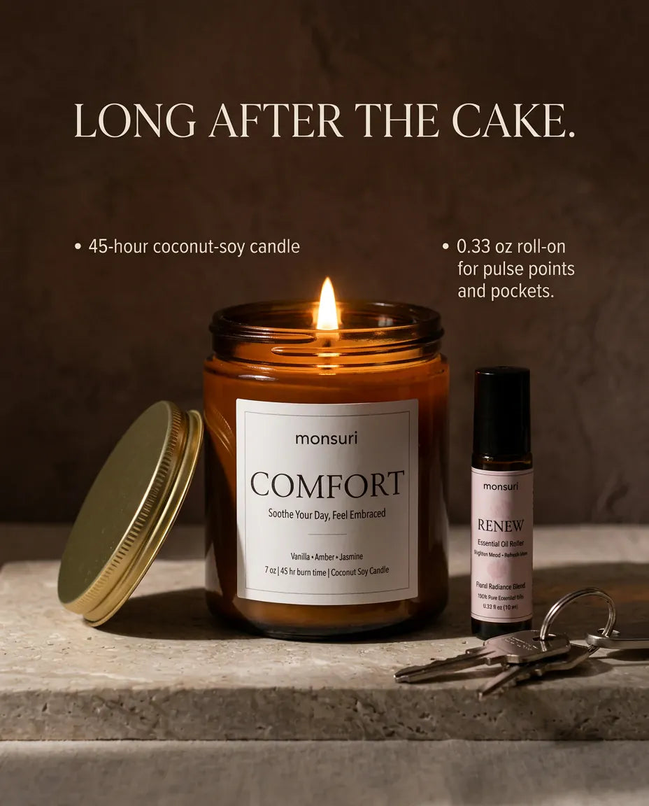 Long after the cake - a 45-hour coconut-soy candle and a 0.33 oz roll-on for pulse points and pockets, lit on a stone ledge beside a set of keys