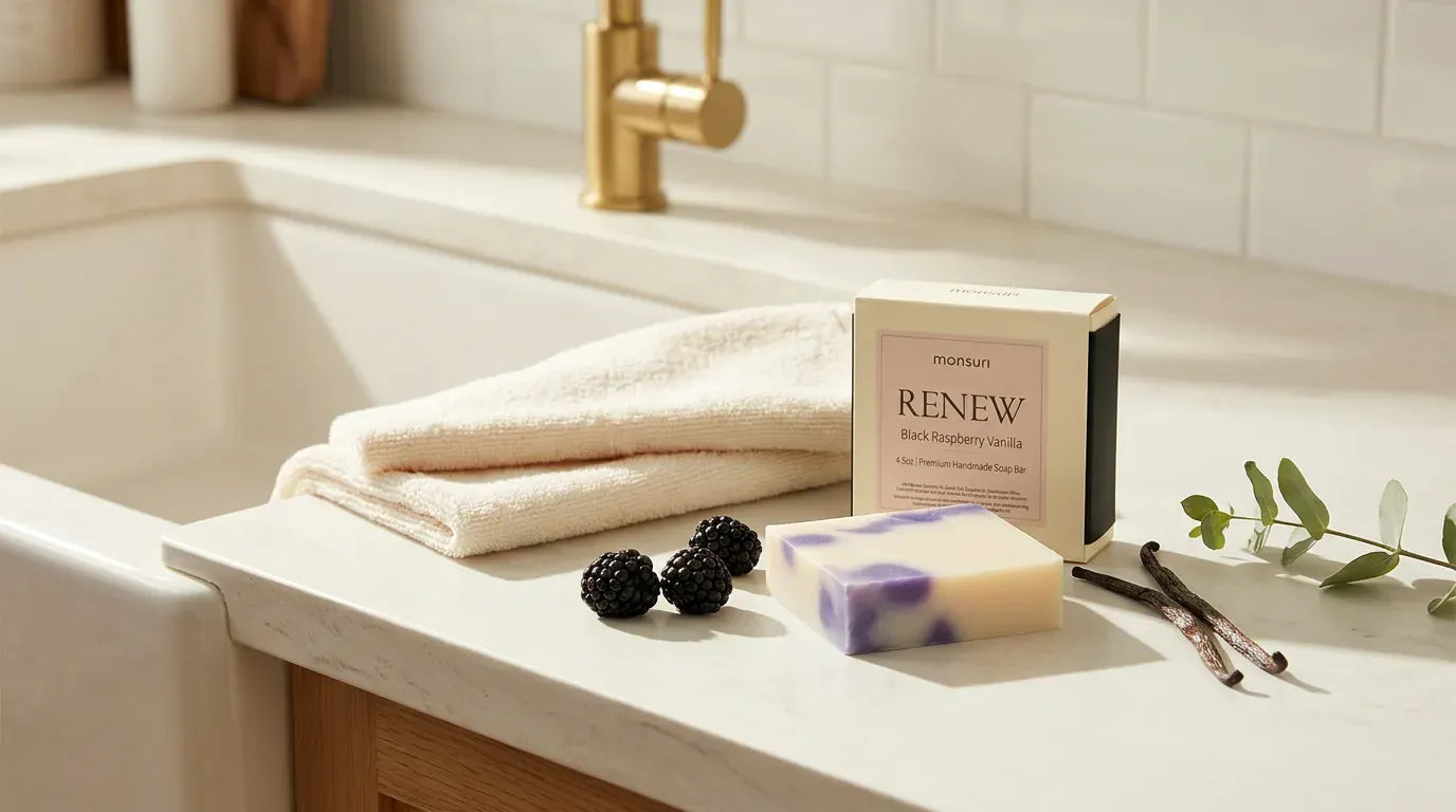 Black Raspberry Vanilla soap bar and box by a farmhouse sink with blackberries and vanilla — natural handmade soap bar