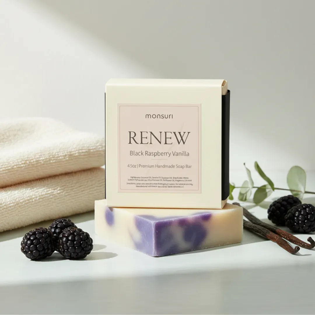 Renew black raspberry vanilla handmade soap bar with natural extracts coconut oil shea butter olive oil for gentle daily cleansing