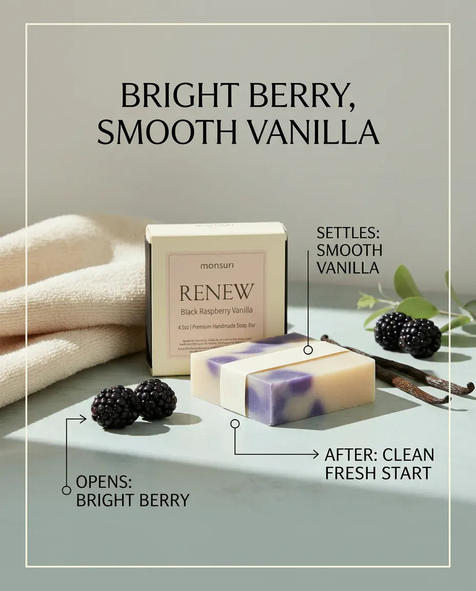 Scent profile of Black Raspberry Vanilla soap: bright berry opening settling into smooth vanilla