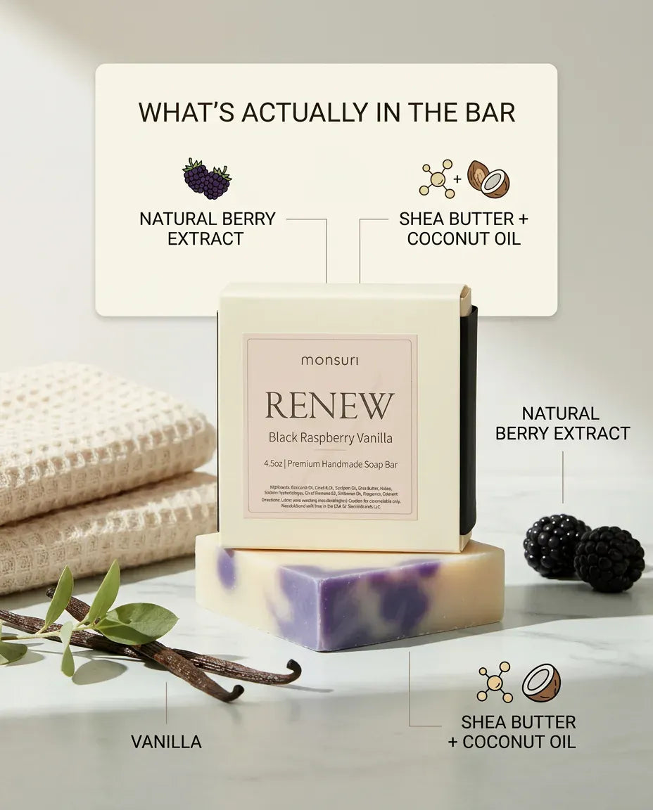 What's in the Black Raspberry Vanilla soap bar: natural berry extract, shea butter, coconut oil and vanilla