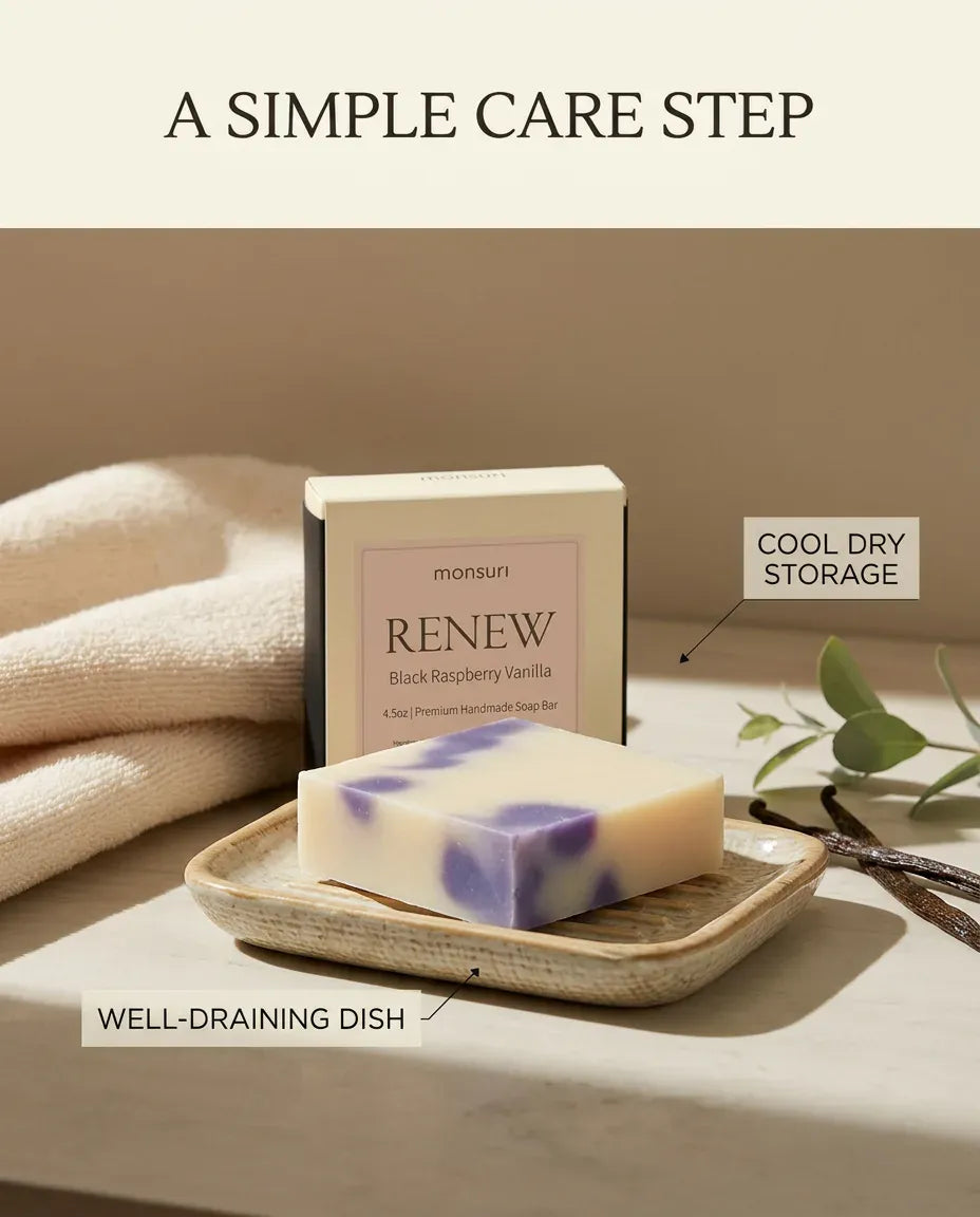 Care tips for the Black Raspberry Vanilla soap bar: store cool and dry on a well-draining dish