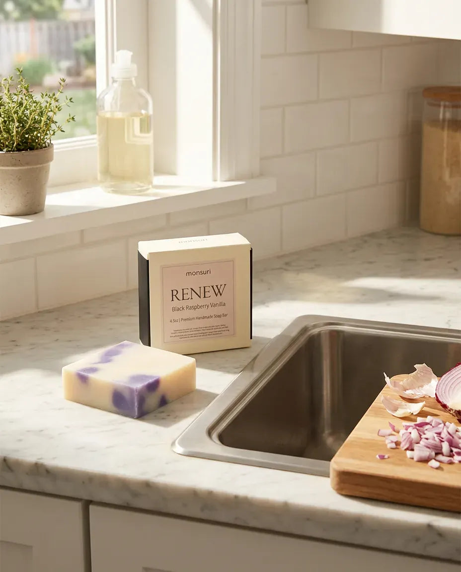 Black Raspberry Vanilla natural soap bar and box on a sunlit marble kitchen counter — Monsuri handmade soap bar