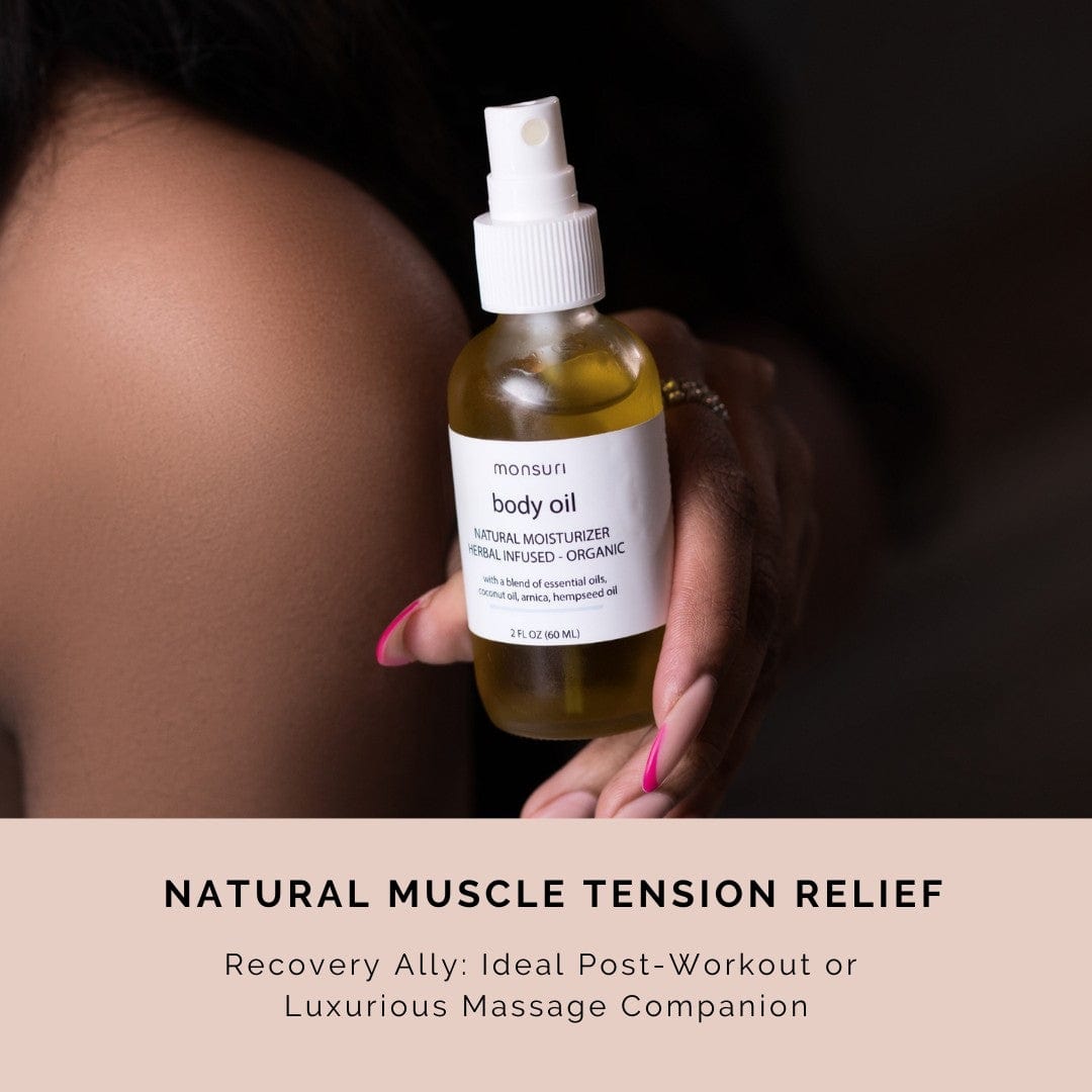 Monsuri's Organic Body Oil being used for a relaxing massage, highlighting its versatility as a muscle relaxant and massage oil.