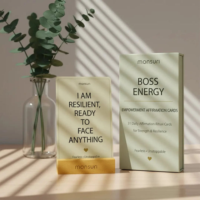 Boss Energy affirmation card box with wooden stand