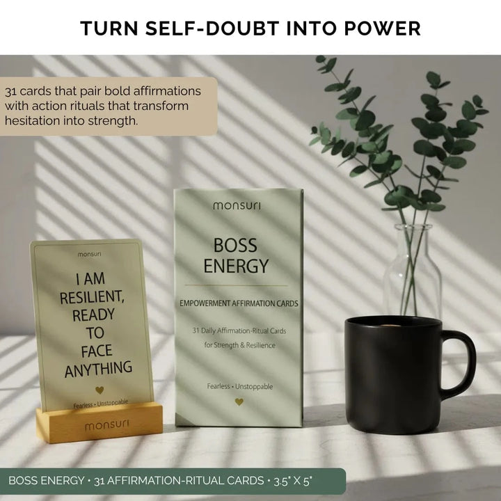 Boss Energy affirmation card standing upright showing a bold affirmation