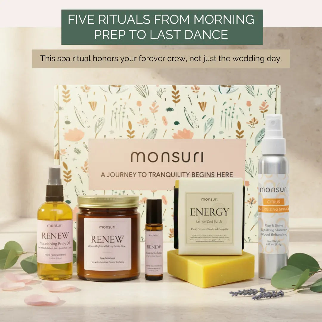 Bridesmaid gift set with spa products including candle, body oil, essential oil roller, lemon soap and citrus shower spray in botanical packaging