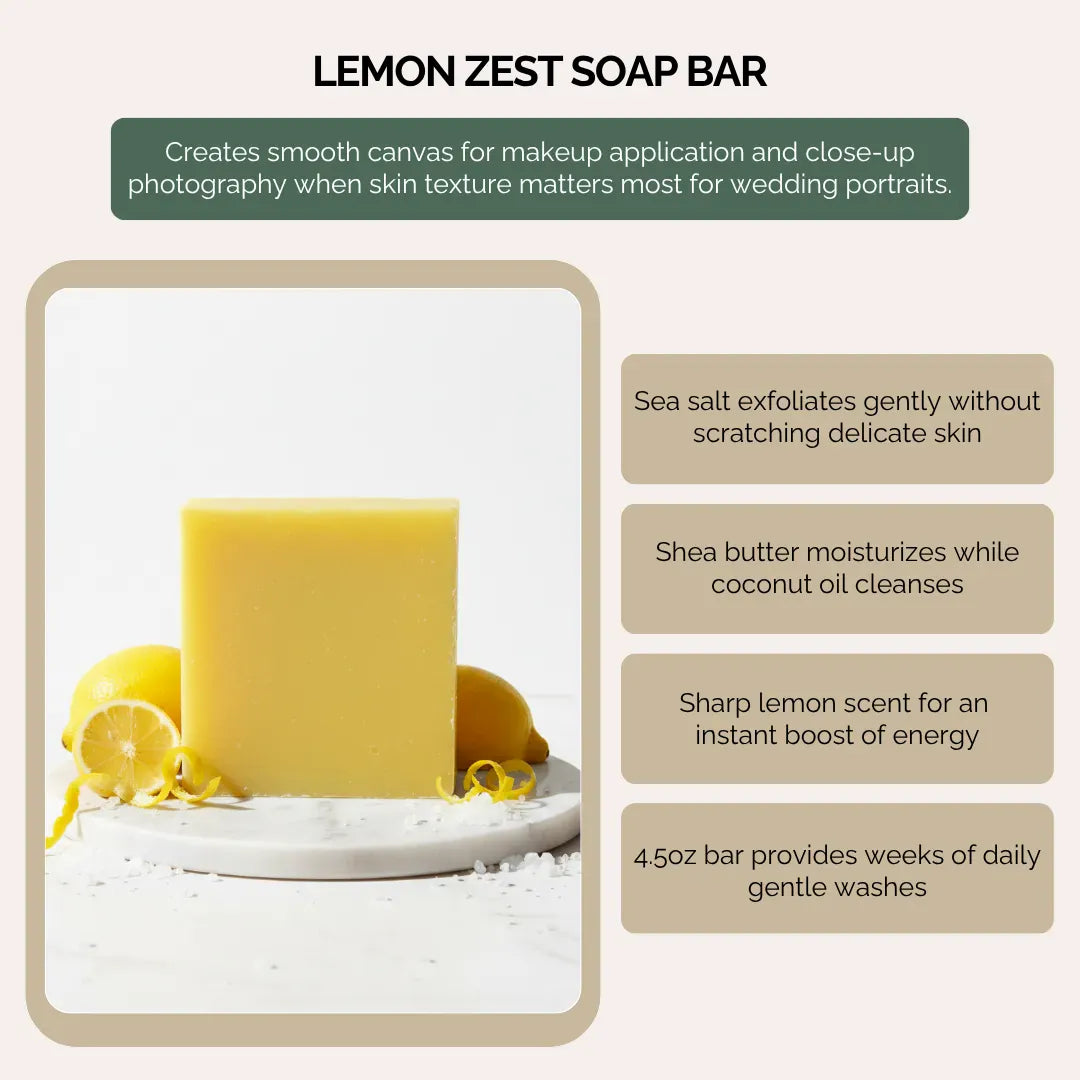 Natural lemon zest exfoliating soap bar with sea salt and shea butter for photo-ready wedding day skin