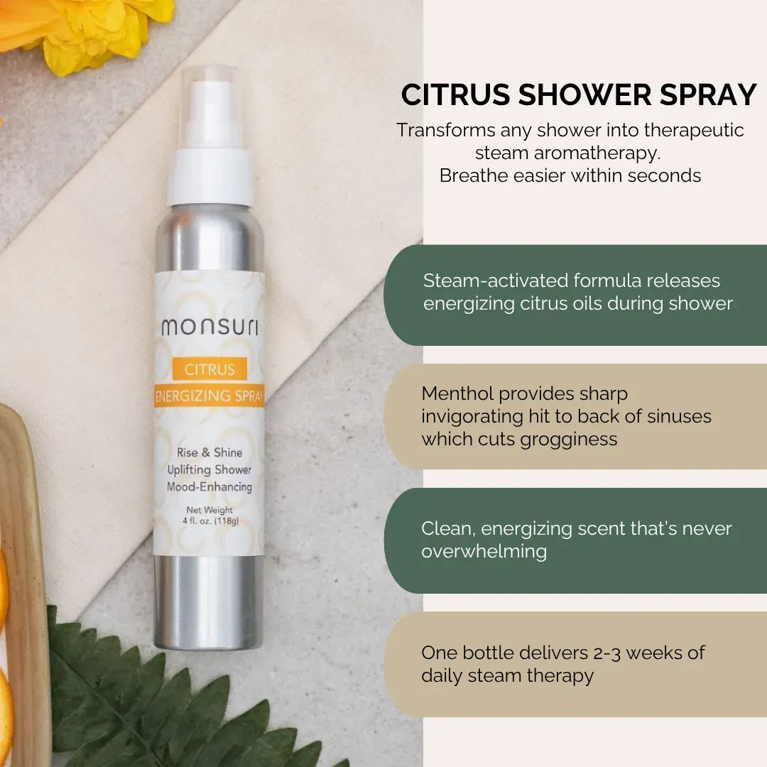 Energizing citrus shower spray for bridesmaids with menthol steam aromatherapy for wedding day morning prep