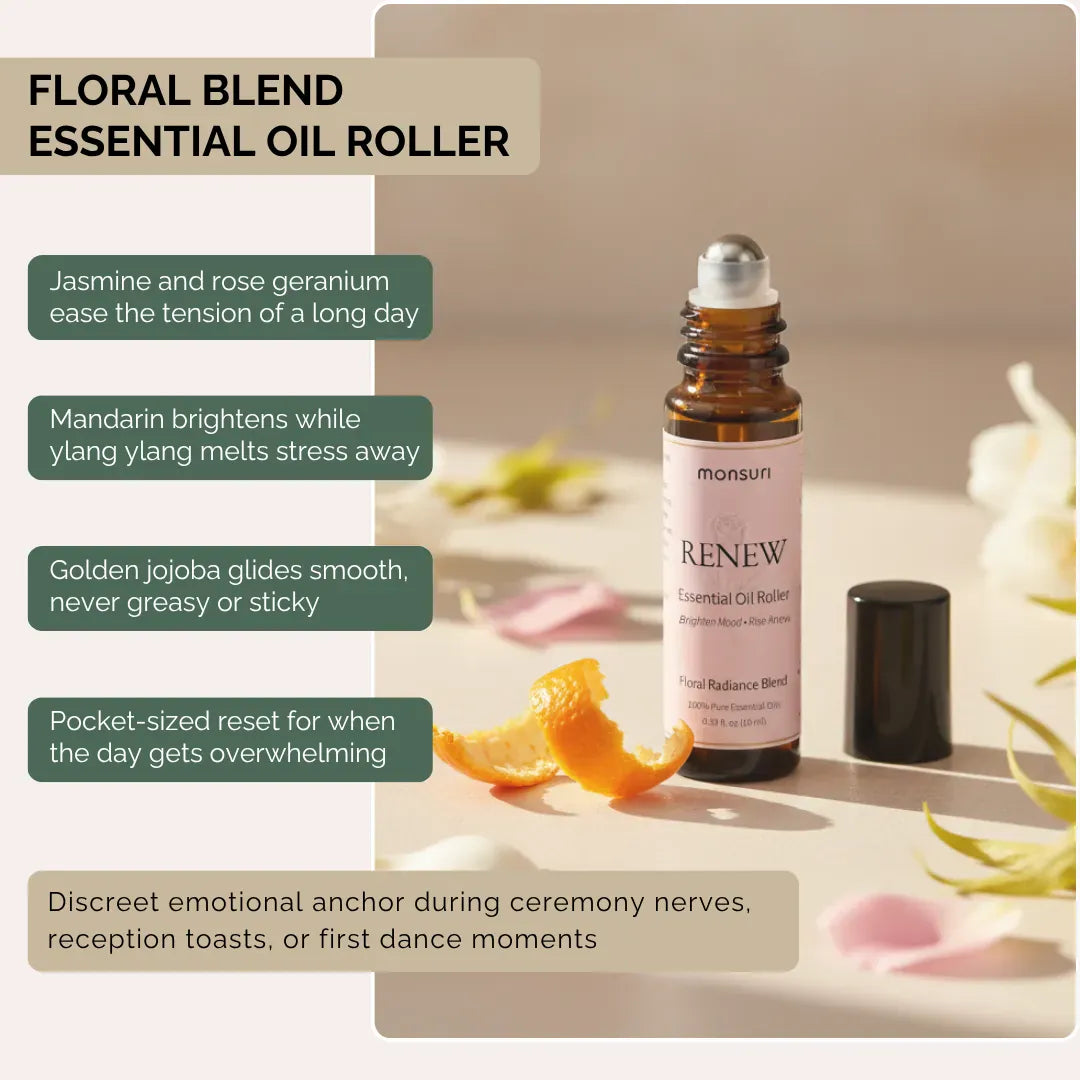 Floral essential oil roller with jasmine and rose geranium for bridesmaid stress relief during wedding ceremony