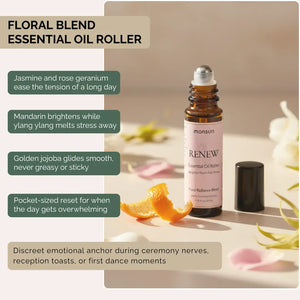Floral essential oil roller with jasmine and rose geranium for bridesmaid stress relief during wedding ceremony