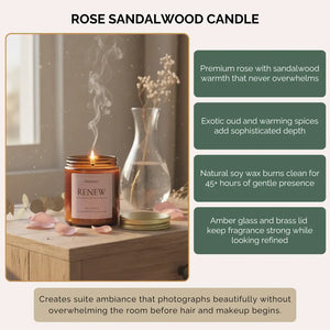 Rose sandalwood soy candle in amber glass jar - luxury bridesmaid gift that creates elegant wedding suite ambiance