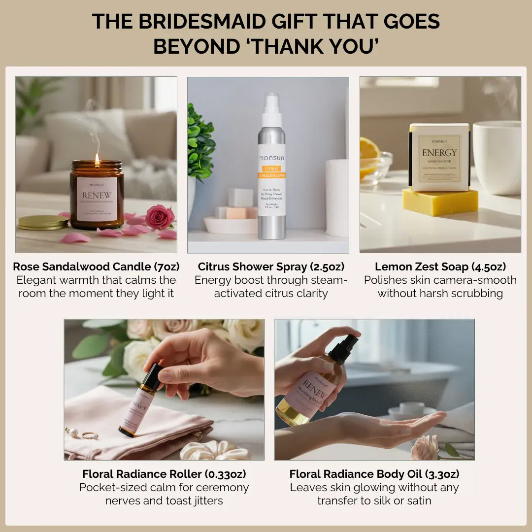 Best bridesmaid gifts featuring rose sandalwood candle, citrus shower spray, lemon zest soap, essential oil roller and body oil