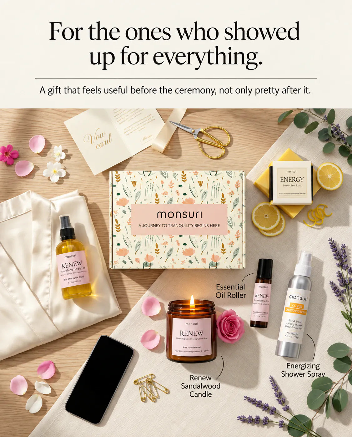 For the ones who showed up for everything - the bridesmaid gift set flat-laid with a vow card, gold scissors, silk robe and lavender, useful before the ceremony and not only pretty after it