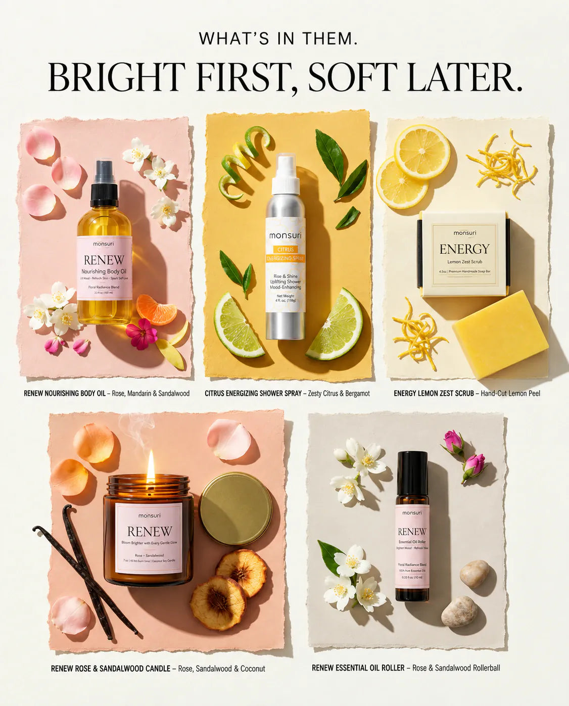What is in them - bright first, soft later. The nourishing body oil, the citrus energizing shower spray, the lemon zest scrub, the rose and sandalwood candle and the essential oil roller